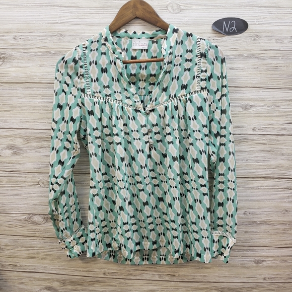 dolan Tops - Dolan Teal & Tan Sheer Pattern Popover Blouse